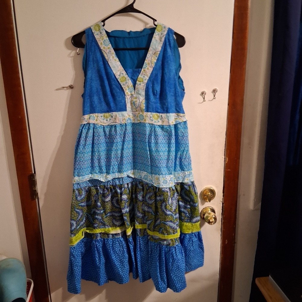 Hippie Boho‎ Handmade Blue Green Patchwork Sundress Dress M EUC Festival